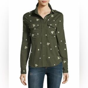 Joie Hayfa Beaded Button-Front Long-Sleeve Shirt Army Green